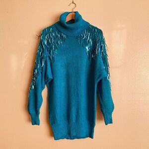 P.A. International M Teal/Blue Turtle Neck Tunic Sweater Beads Flair Totally 80s